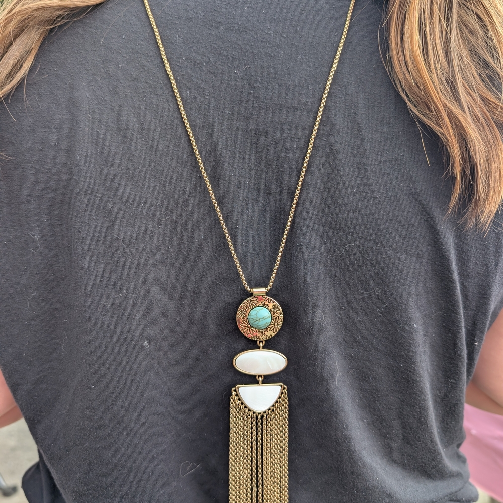 Gold and Green Statement Necklace with Tassel